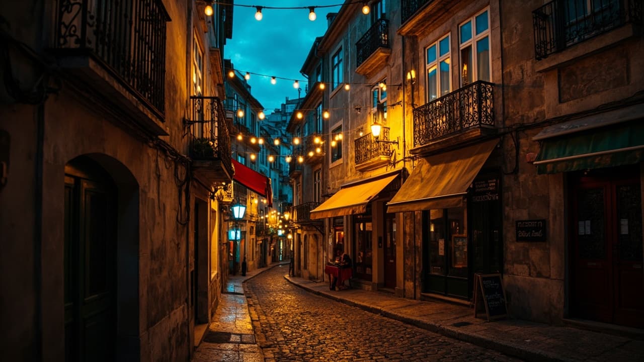 Bairro Alto street at blue hour with string lights and tascas, Lisbon - Bairro Alto