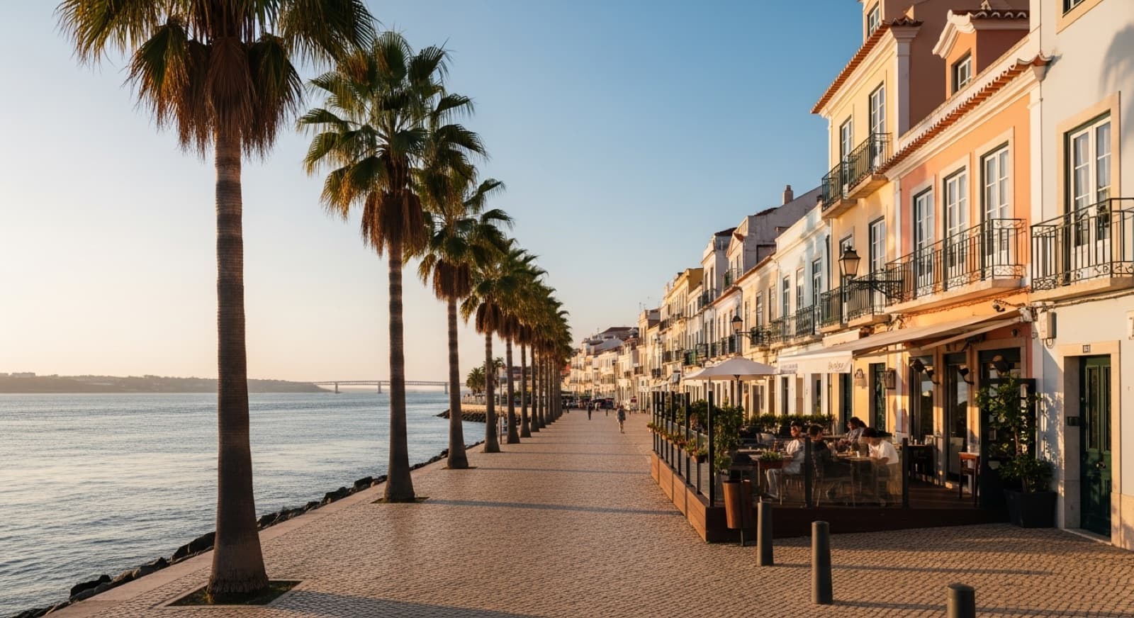Oeiras riverside Marginal promenade at golden hour — palm trees and townhouses along the Tagus, west of Lisbon - Oeiras