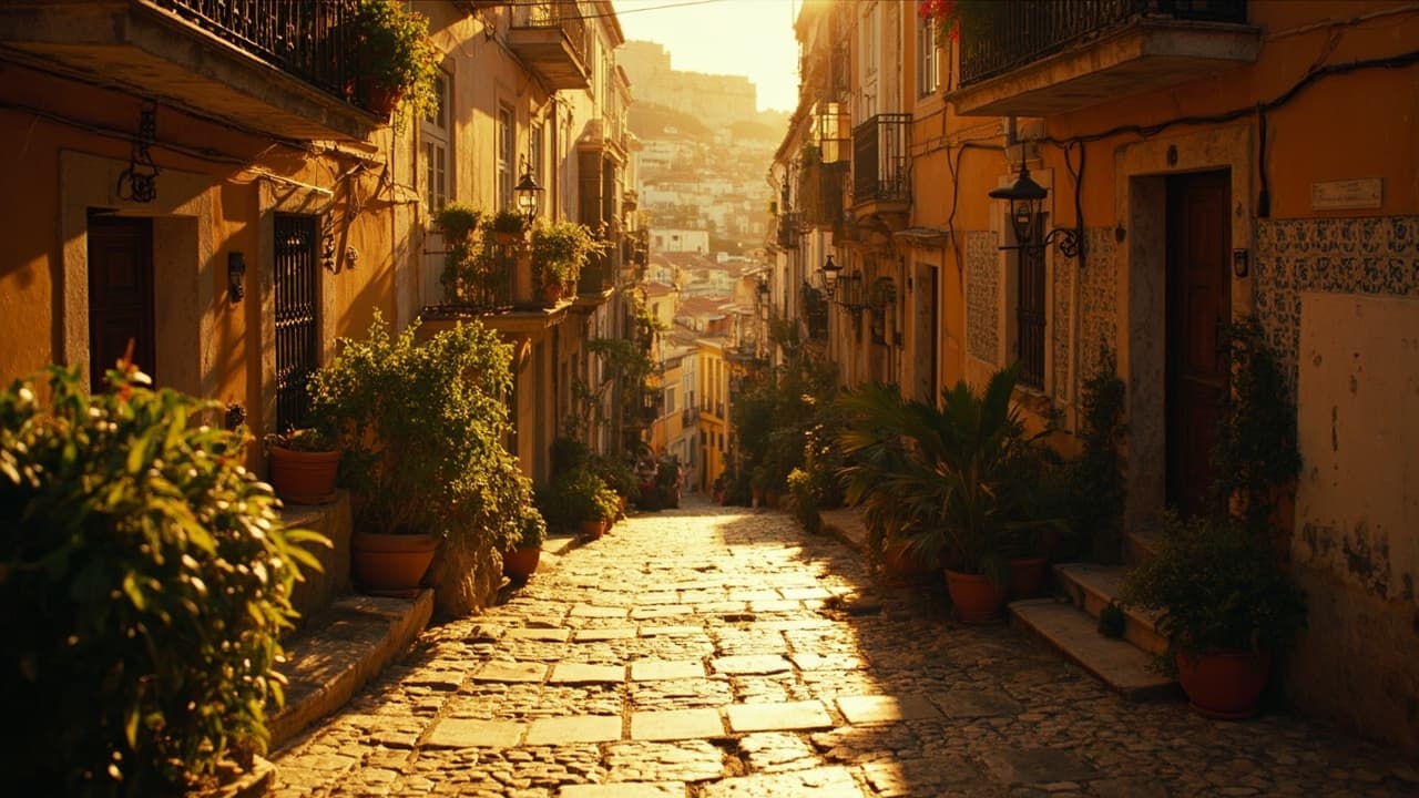 Alfama cobbled alley climbing toward São Jorge castle, Lisbon - Alfama